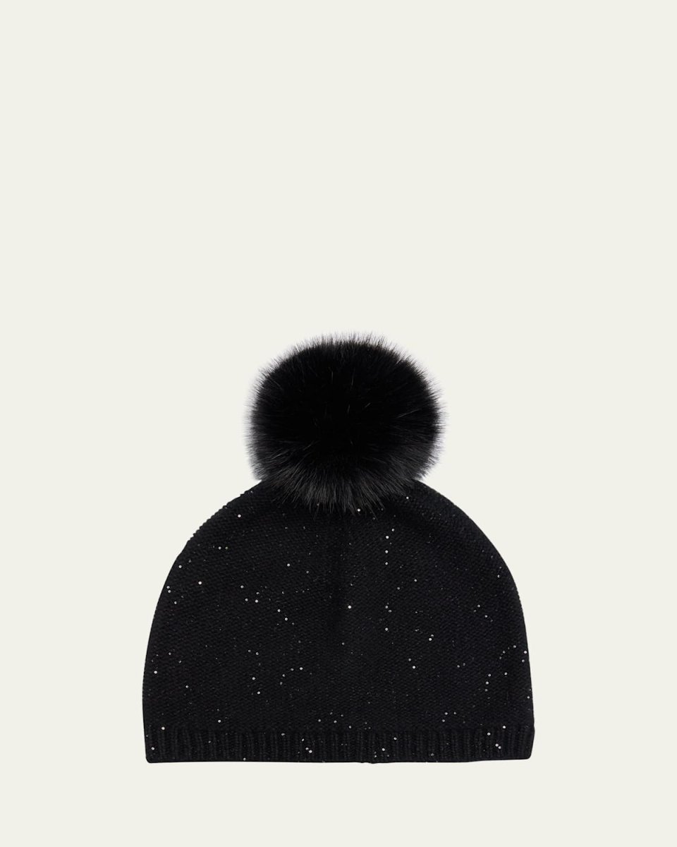 Cashmere Sequin Beanie With Faux Pom